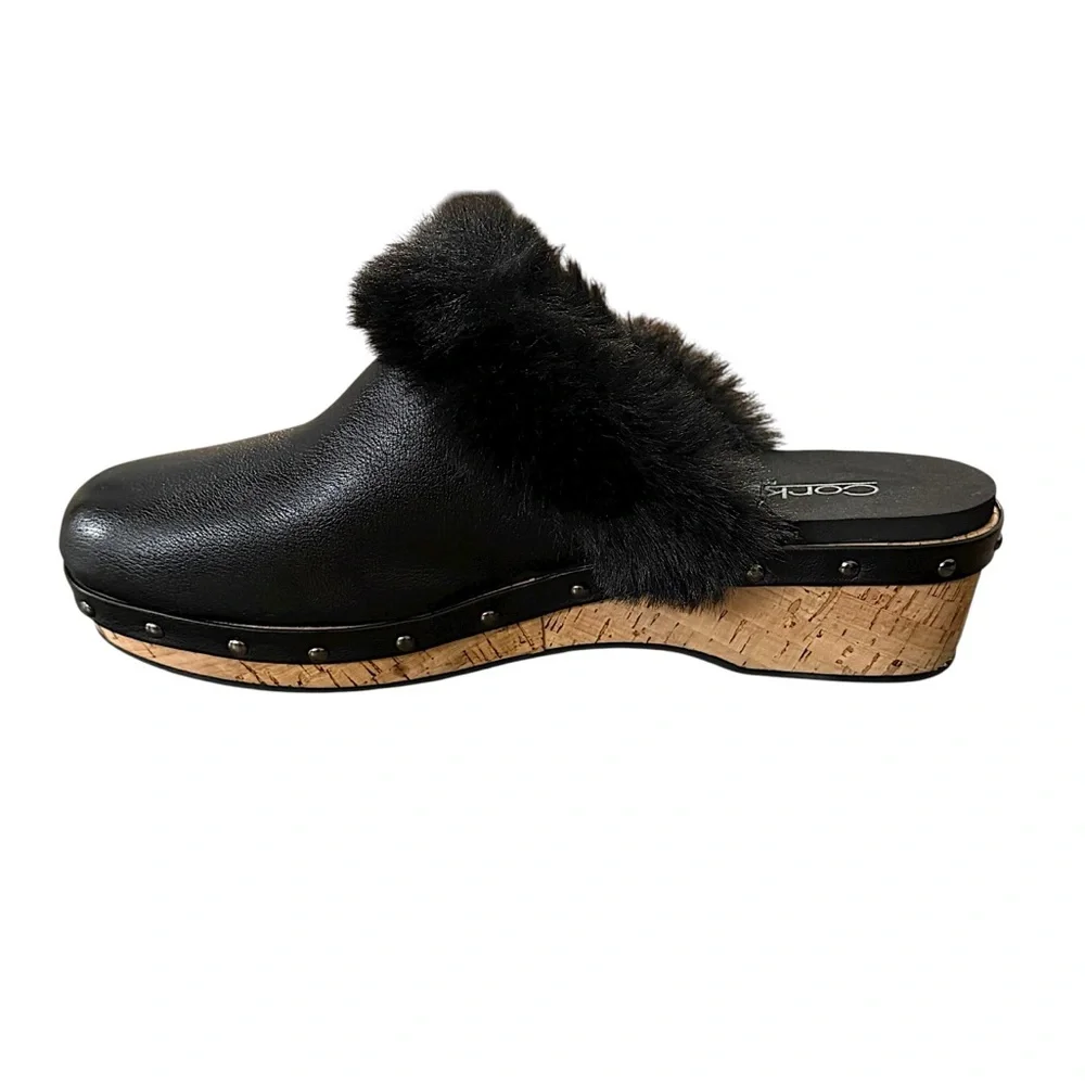 CORKYS Women's Just Fur Fun Black Wedge Slip On Fur Lined Studded Mules 10 New